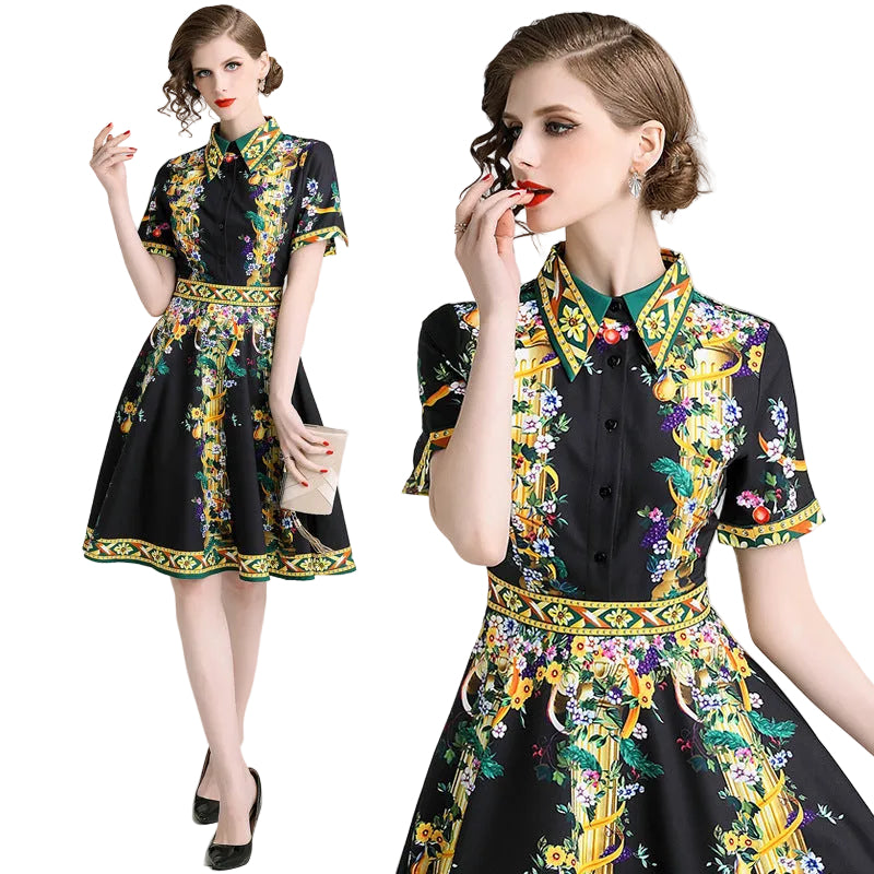 Women’s Vintage Print A-Line Dress Elegant Office Style